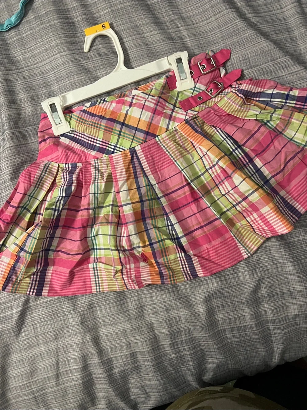 Ralph Lauren Pink Multicolor Plaid Circle Skirt with Double Buckle